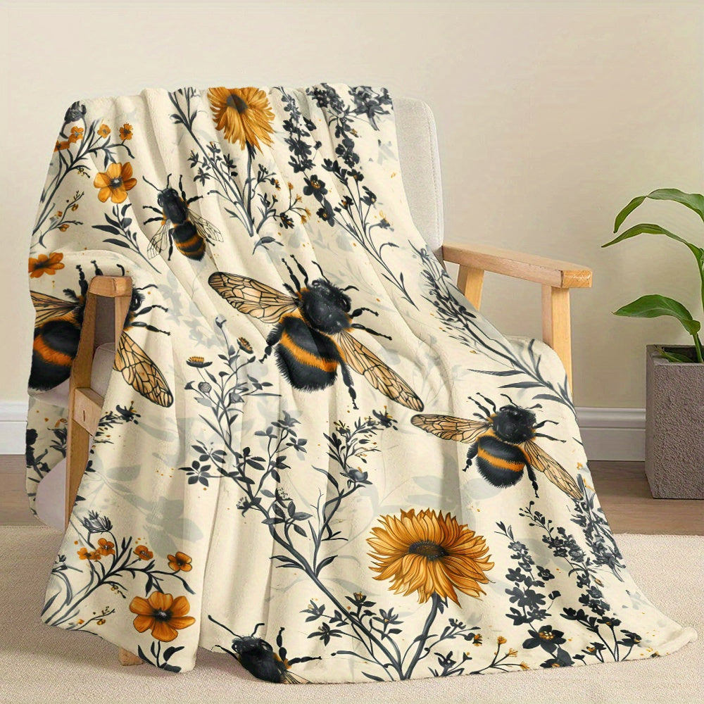 Wildflower and Bee-Inspired Flannel Throw Blanket - Made with 100% Polyester Knitted Quilted Fabric and Digital Print - Versatile Bedding for Year-Round Comfort, Great for Napping, Camping, and Travel - Wonderful Gift for Loved Ones