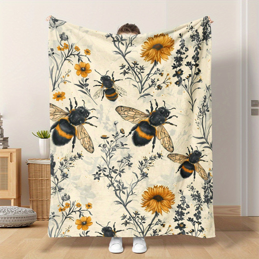 Wildflower and Bee-Inspired Flannel Throw Blanket - Made with 100% Polyester Knitted Quilted Fabric and Digital Print - Versatile Bedding for Year-Round Comfort, Great for Napping, Camping, and Travel - Wonderful Gift for Loved Ones