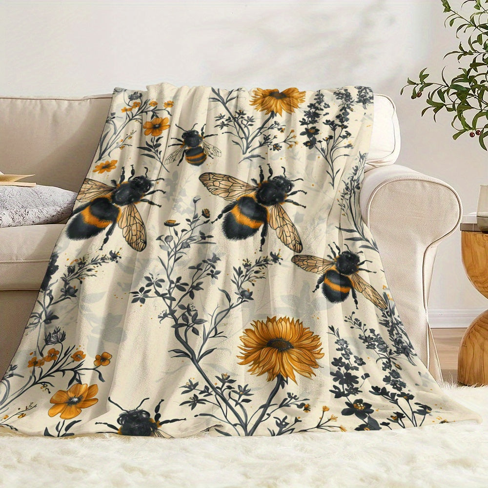 Wildflower and Bee-Inspired Flannel Throw Blanket - Made with 100% Polyester Knitted Quilted Fabric and Digital Print - Versatile Bedding for Year-Round Comfort, Great for Napping, Camping, and Travel - Wonderful Gift for Loved Ones