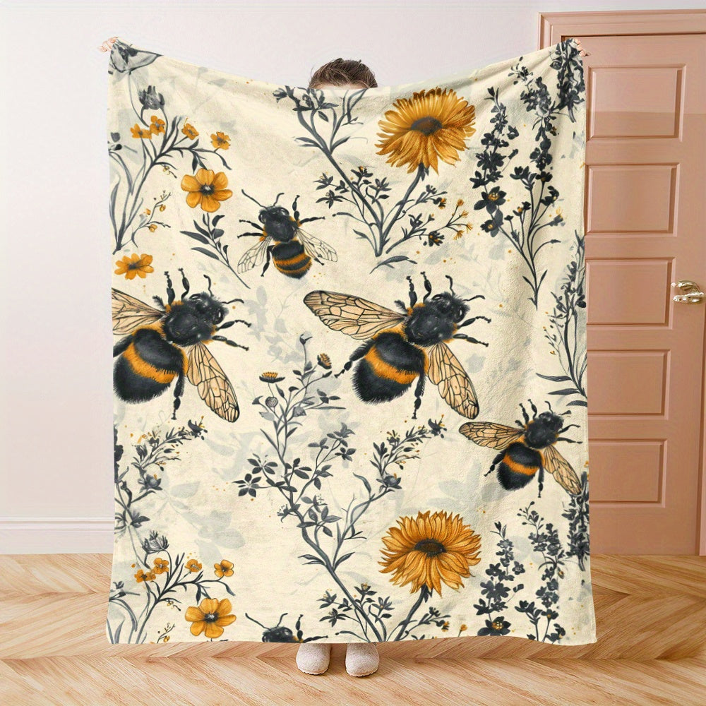 Wildflower and Bee-Inspired Flannel Throw Blanket - Made with 100% Polyester Knitted Quilted Fabric and Digital Print - Versatile Bedding for Year-Round Comfort, Great for Napping, Camping, and Travel - Wonderful Gift for Loved Ones