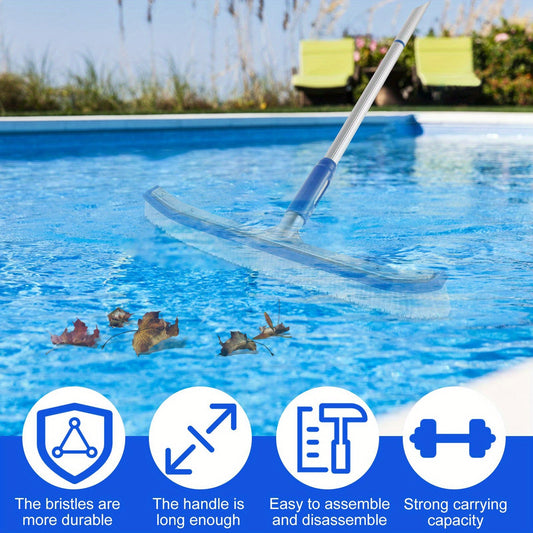 The Portable Swimming Pool Brush Set features an adjustable aluminum handle measuring 160.02cm, making it perfect for cleaning tiles and pool walls. This set is lightweight and easy to store, making it a convenient addition to any pool maintenance