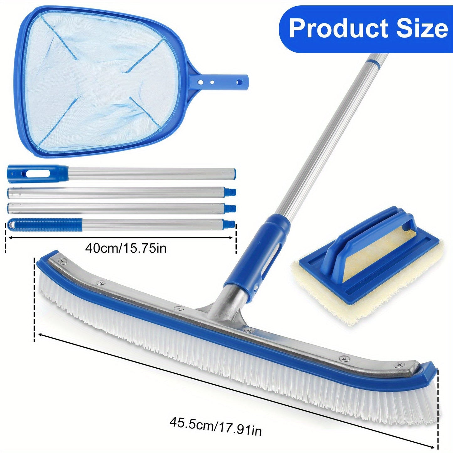 The Portable Swimming Pool Brush Set features an adjustable aluminum handle measuring 160.02cm, making it perfect for cleaning tiles and pool walls. This set is lightweight and easy to store, making it a convenient addition to any pool maintenance