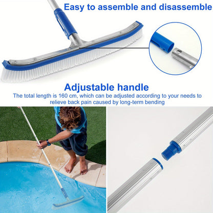 The Portable Swimming Pool Brush Set features an adjustable aluminum handle measuring 160.02cm, making it perfect for cleaning tiles and pool walls. This set is lightweight and easy to store, making it a convenient addition to any pool maintenance