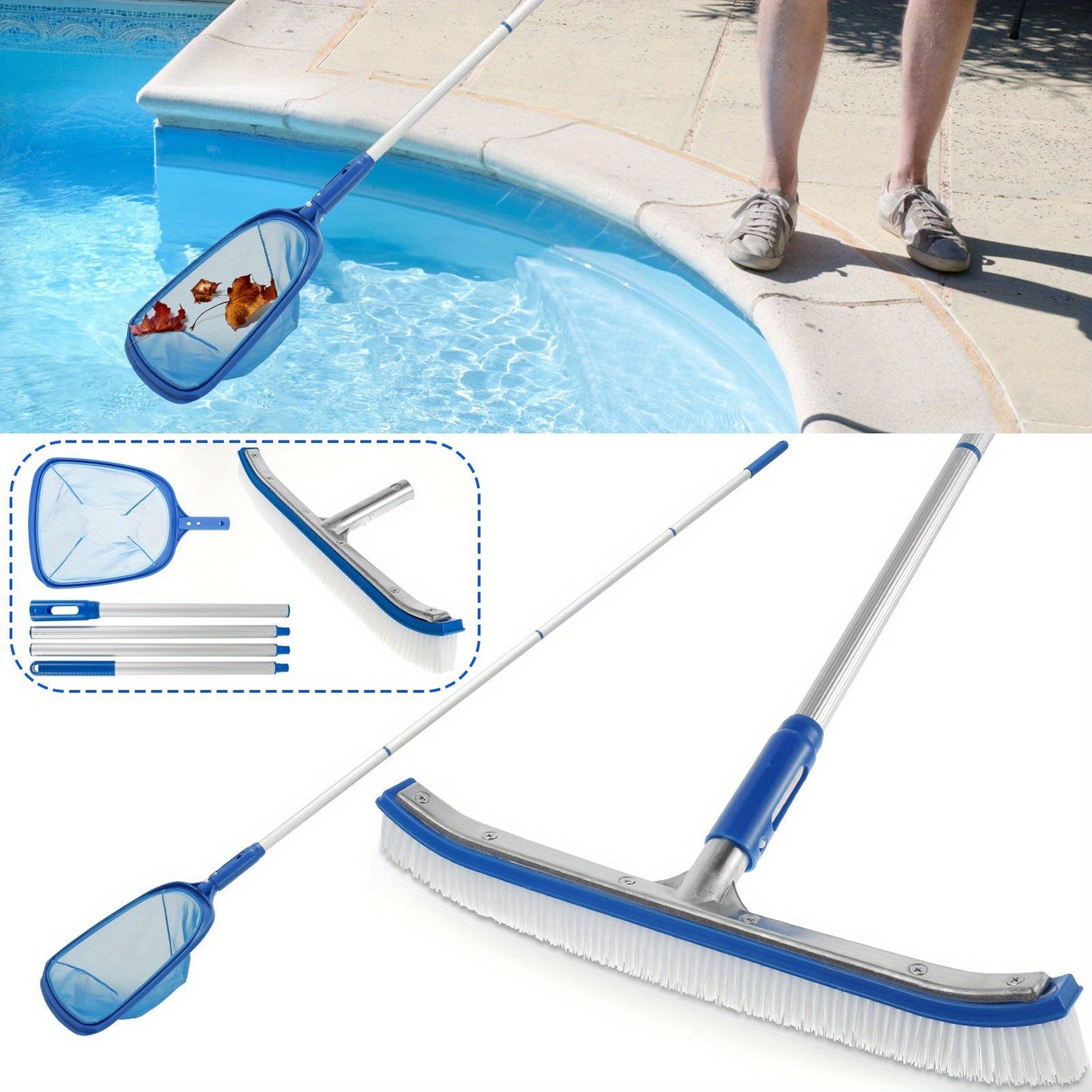 The Portable Swimming Pool Brush Set features an adjustable aluminum handle measuring 160.02cm, making it perfect for cleaning tiles and pool walls. This set is lightweight and easy to store, making it a convenient addition to any pool maintenance