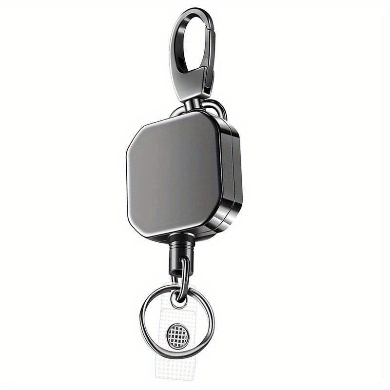 One durable zinc alloy retractable keychain with ID badge reel is available in black. It features a 27.6-inch steel wire cord, a hand washable keyring, and a non-plated unbraided design. The retractable lock clip ensures security for your keys and badge.