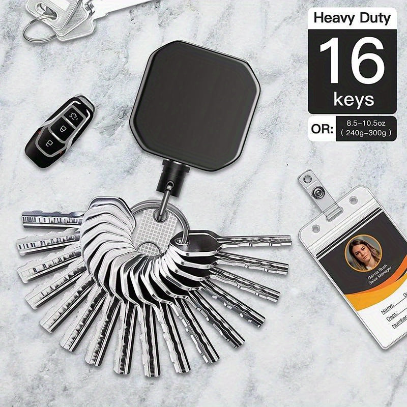 One durable zinc alloy retractable keychain with ID badge reel is available in black. It features a 27.6-inch steel wire cord, a hand washable keyring, and a non-plated unbraided design. The retractable lock clip ensures security for your keys and badge.