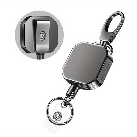 One durable zinc alloy retractable keychain with ID badge reel is available in black. It features a 27.6-inch steel wire cord, a hand washable keyring, and a non-plated unbraided design. The retractable lock clip ensures security for your keys and badge.