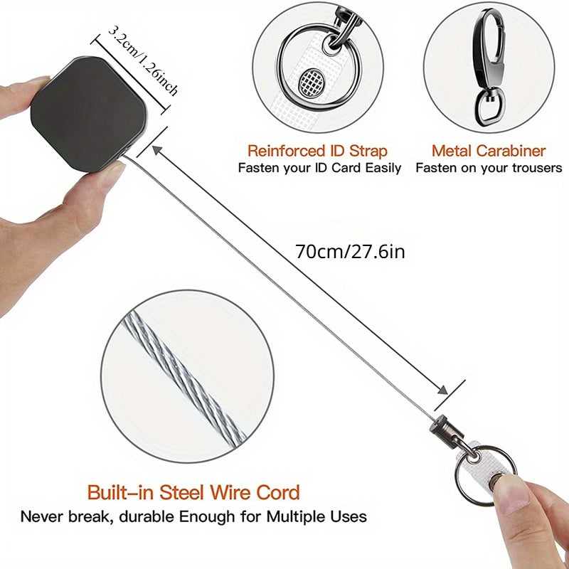 One durable zinc alloy retractable keychain with ID badge reel is available in black. It features a 27.6-inch steel wire cord, a hand washable keyring, and a non-plated unbraided design. The retractable lock clip ensures security for your keys and badge.