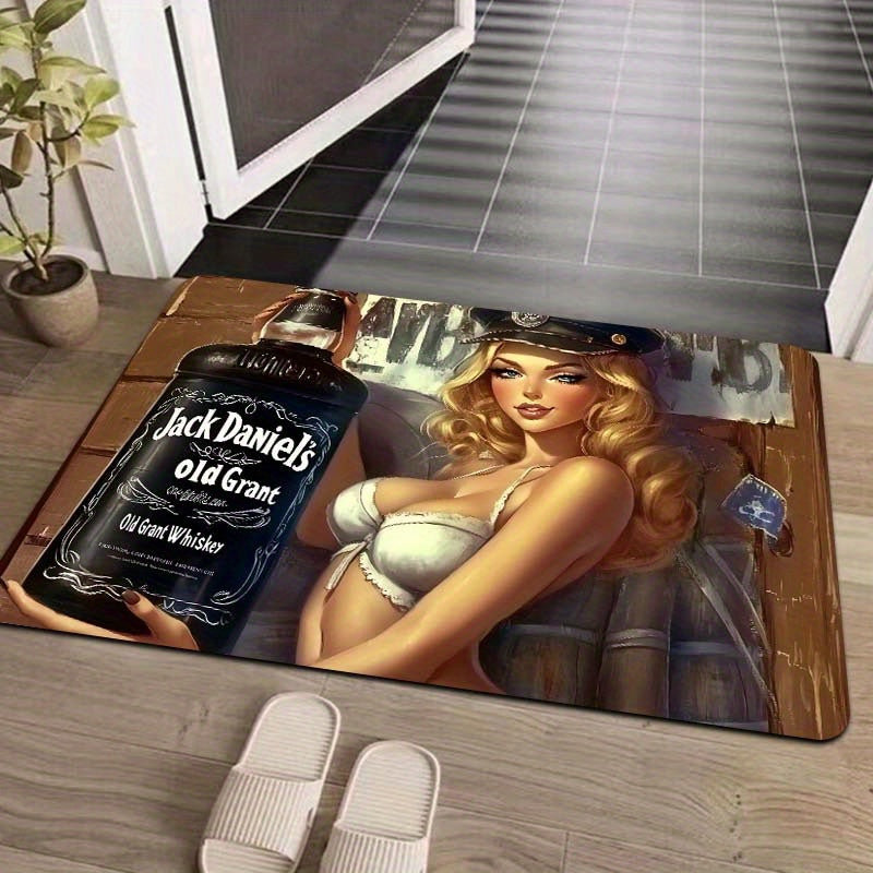 One piece of Whiskey-Themed Sexy Pin-Up Girl Door Mat made of Polyester with PVC Backing, Non-Slip Rectangle Indoor Floor Mat. Easy to clean as it is Machine Washable and suitable for Gaming Room, Bathroom, Kitchen, Living Room, and Bedroom.