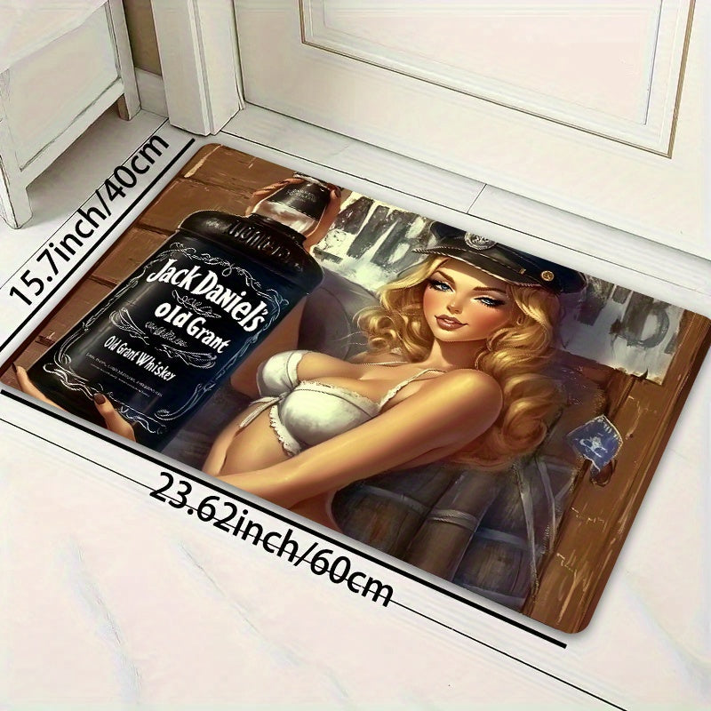 One piece of Whiskey-Themed Sexy Pin-Up Girl Door Mat made of Polyester with PVC Backing, Non-Slip Rectangle Indoor Floor Mat. Easy to clean as it is Machine Washable and suitable for Gaming Room, Bathroom, Kitchen, Living Room, and Bedroom.