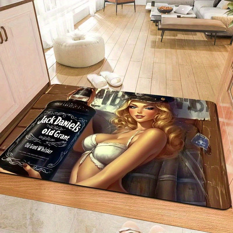 One piece of Whiskey-Themed Sexy Pin-Up Girl Door Mat made of Polyester with PVC Backing, Non-Slip Rectangle Indoor Floor Mat. Easy to clean as it is Machine Washable and suitable for Gaming Room, Bathroom, Kitchen, Living Room, and Bedroom.