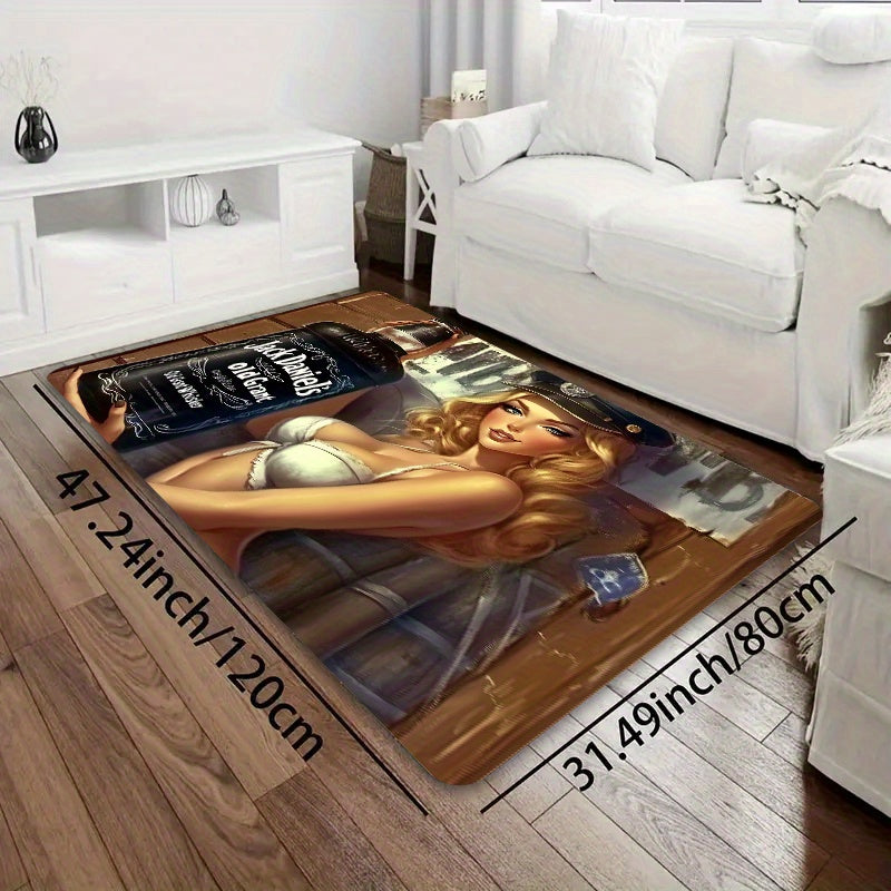 One piece of Whiskey-Themed Sexy Pin-Up Girl Door Mat made of Polyester with PVC Backing, Non-Slip Rectangle Indoor Floor Mat. Easy to clean as it is Machine Washable and suitable for Gaming Room, Bathroom, Kitchen, Living Room, and Bedroom.