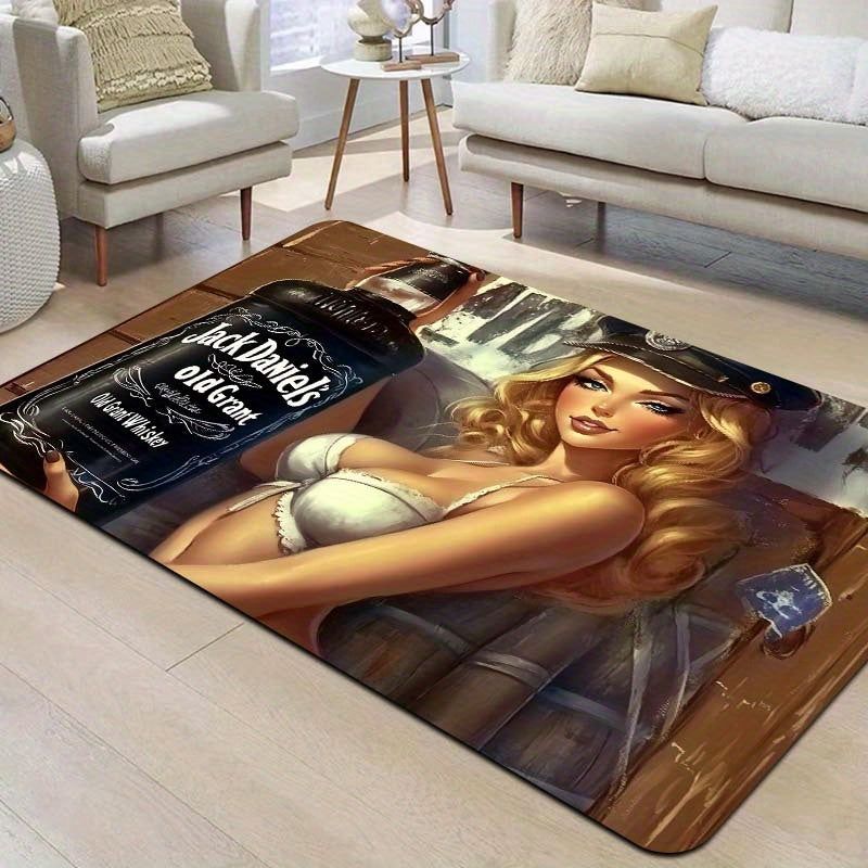 One piece of Whiskey-Themed Sexy Pin-Up Girl Door Mat made of Polyester with PVC Backing, Non-Slip Rectangle Indoor Floor Mat. Easy to clean as it is Machine Washable and suitable for Gaming Room, Bathroom, Kitchen, Living Room, and Bedroom.