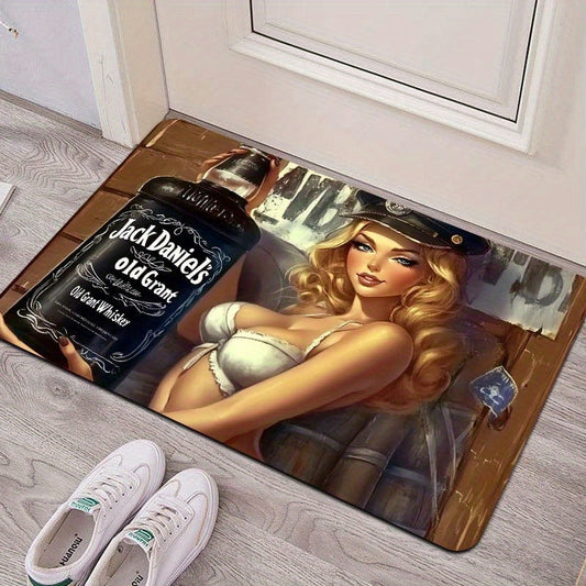 One piece of Whiskey-Themed Sexy Pin-Up Girl Door Mat made of Polyester with PVC Backing, Non-Slip Rectangle Indoor Floor Mat. Easy to clean as it is Machine Washable and suitable for Gaming Room, Bathroom, Kitchen, Living Room, and Bedroom.