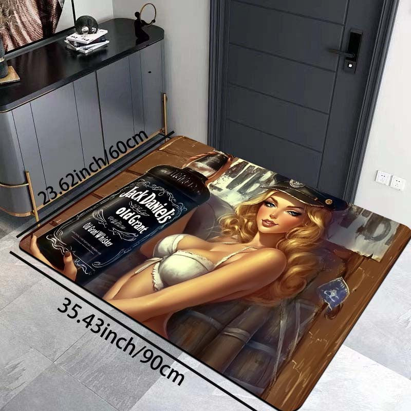 One piece of Whiskey-Themed Sexy Pin-Up Girl Door Mat made of Polyester with PVC Backing, Non-Slip Rectangle Indoor Floor Mat. Easy to clean as it is Machine Washable and suitable for Gaming Room, Bathroom, Kitchen, Living Room, and Bedroom.