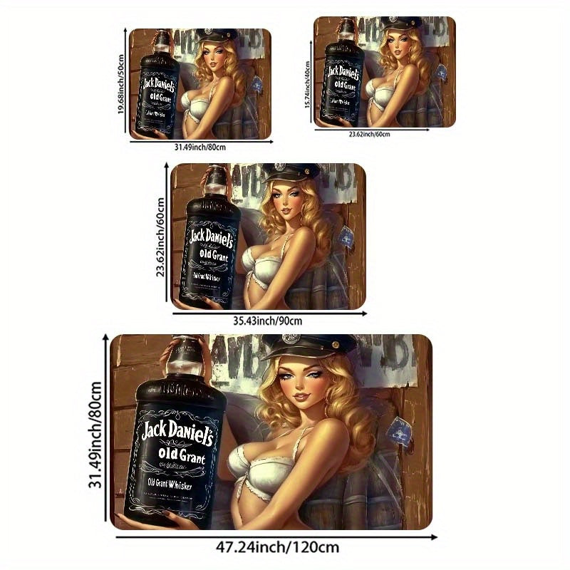 One piece of Whiskey-Themed Sexy Pin-Up Girl Door Mat made of Polyester with PVC Backing, Non-Slip Rectangle Indoor Floor Mat. Easy to clean as it is Machine Washable and suitable for Gaming Room, Bathroom, Kitchen, Living Room, and Bedroom.