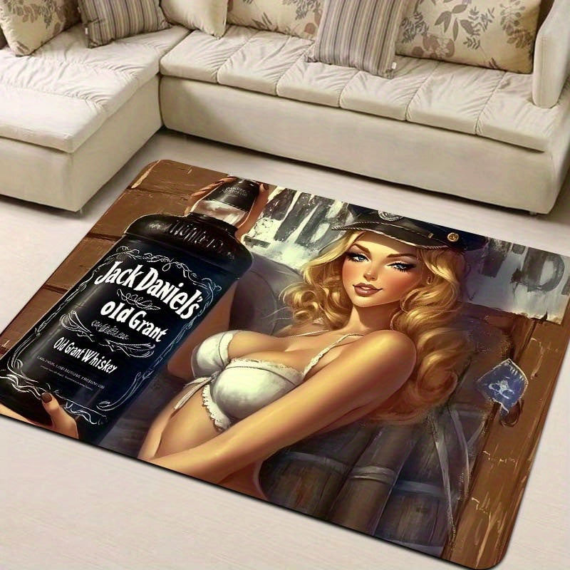 One piece of Whiskey-Themed Sexy Pin-Up Girl Door Mat made of Polyester with PVC Backing, Non-Slip Rectangle Indoor Floor Mat. Easy to clean as it is Machine Washable and suitable for Gaming Room, Bathroom, Kitchen, Living Room, and Bedroom.