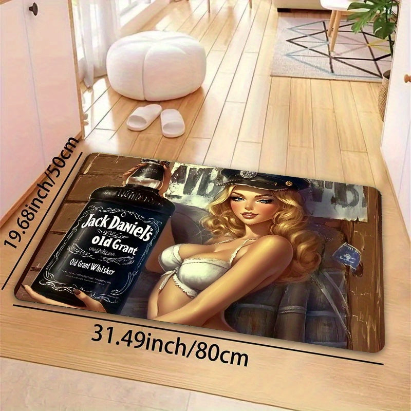 One piece of Whiskey-Themed Sexy Pin-Up Girl Door Mat made of Polyester with PVC Backing, Non-Slip Rectangle Indoor Floor Mat. Easy to clean as it is Machine Washable and suitable for Gaming Room, Bathroom, Kitchen, Living Room, and Bedroom.