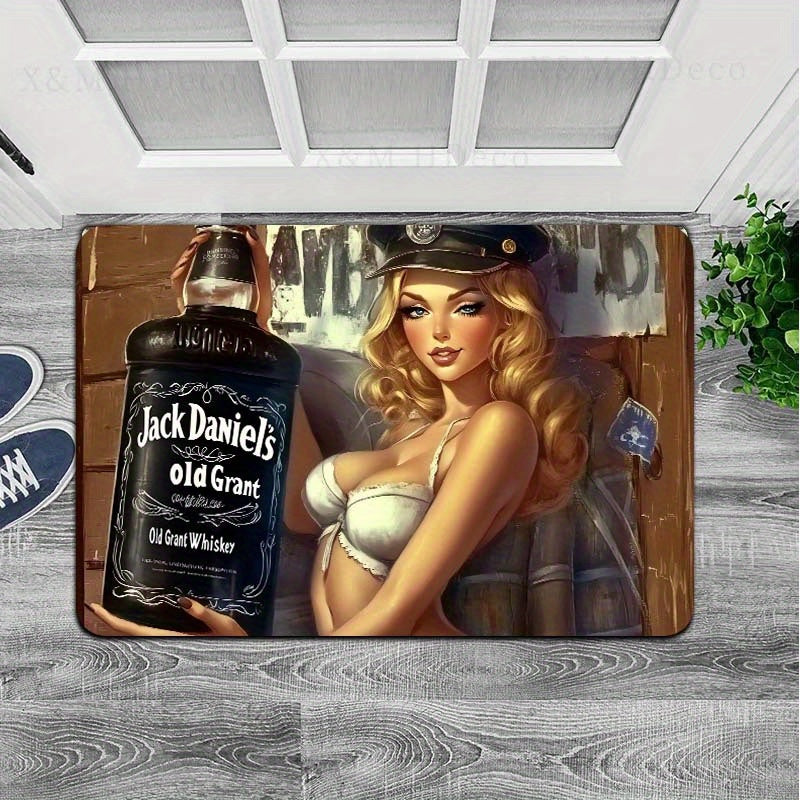 One piece of Whiskey-Themed Sexy Pin-Up Girl Door Mat made of Polyester with PVC Backing, Non-Slip Rectangle Indoor Floor Mat. Easy to clean as it is Machine Washable and suitable for Gaming Room, Bathroom, Kitchen, Living Room, and Bedroom.