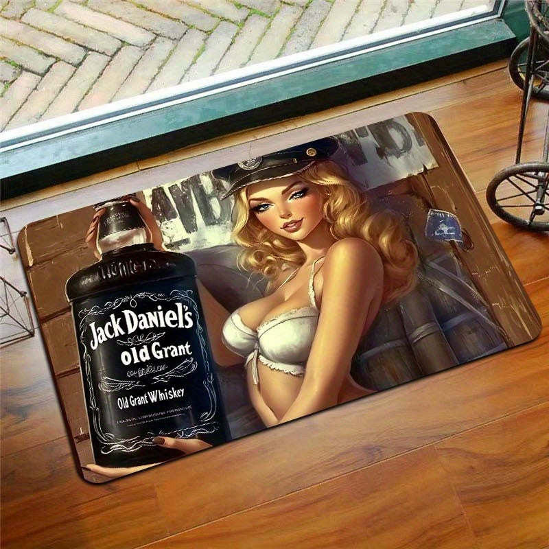 One piece of Whiskey-Themed Sexy Pin-Up Girl Door Mat made of Polyester with PVC Backing, Non-Slip Rectangle Indoor Floor Mat. Easy to clean as it is Machine Washable and suitable for Gaming Room, Bathroom, Kitchen, Living Room, and Bedroom.