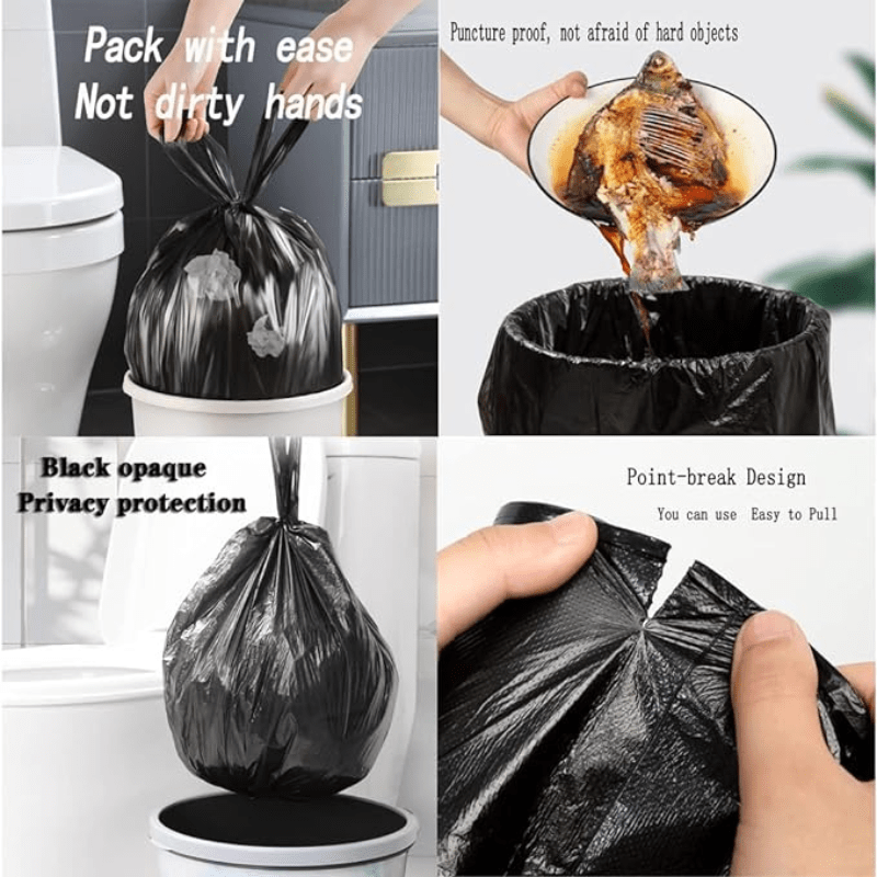 100 pieces of extra thick black trash bags with handles are designed to be durable and leak-proof, making them ideal for use in the kitchen, pet waste disposal, yard cleanup, and more. These garbage bags are perfect for use in homes, dorms, and