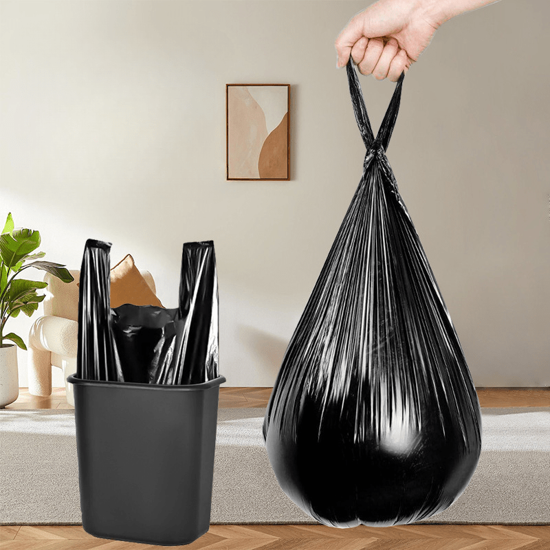 100 pieces of extra thick black trash bags with handles are designed to be durable and leak-proof, making them ideal for use in the kitchen, pet waste disposal, yard cleanup, and more. These garbage bags are perfect for use in homes, dorms, and