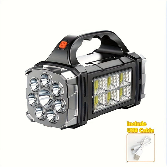 Portable, dual rechargeable, ultra-bright LED searchlight for outdoor adventures.