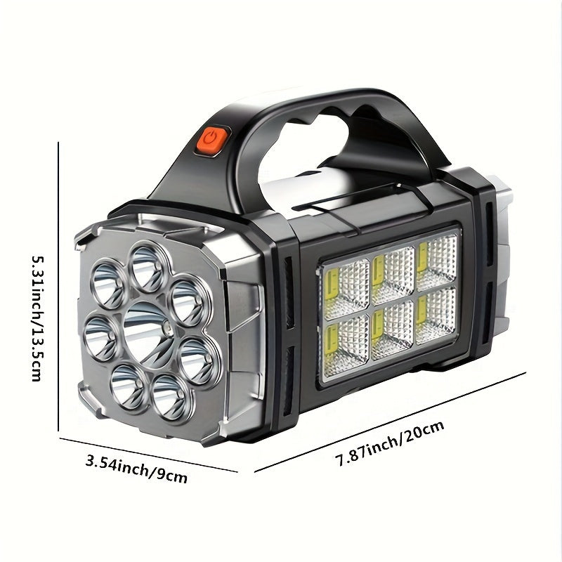 Portable, dual rechargeable, ultra-bright LED searchlight for outdoor adventures.