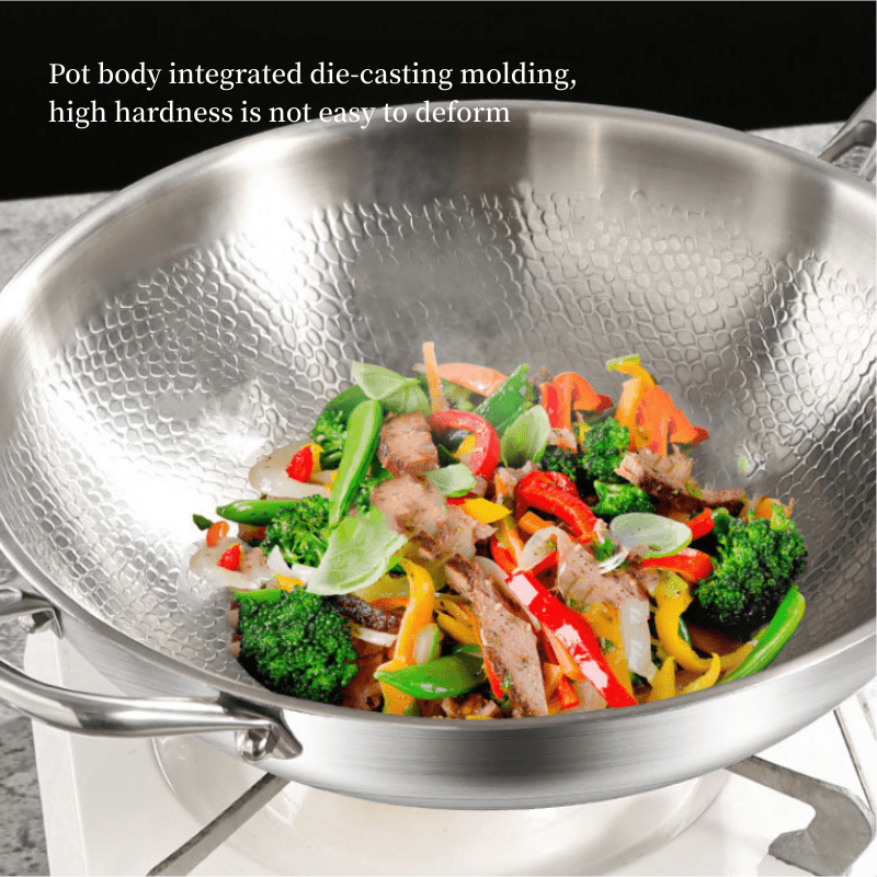 Titanium Coated Multi-Ply Wok with Hammered Surface, Suitable for Gas, Induction, and Electric Stovetops