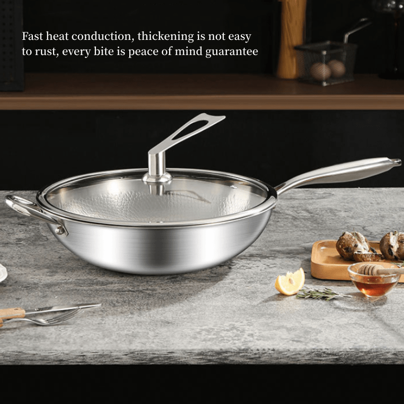 Titanium Coated Multi-Ply Wok with Hammered Surface, Suitable for Gas, Induction, and Electric Stovetops