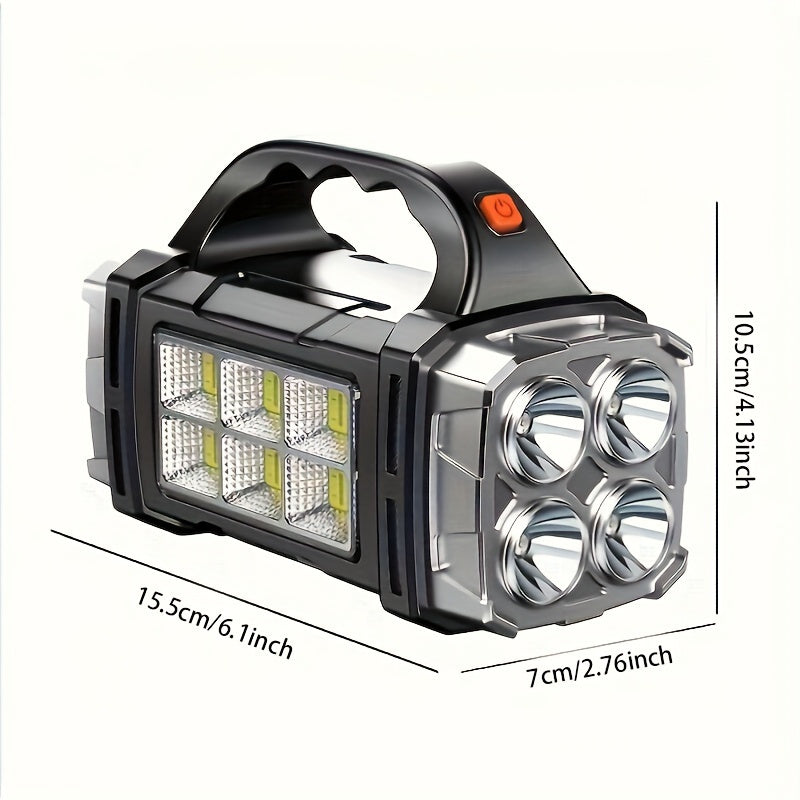 Portable, dual rechargeable, ultra-bright LED searchlight for outdoor adventures.