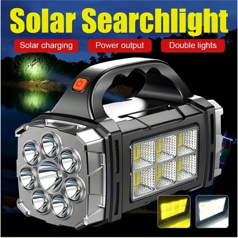 Portable, dual rechargeable, ultra-bright LED searchlight for outdoor adventures.