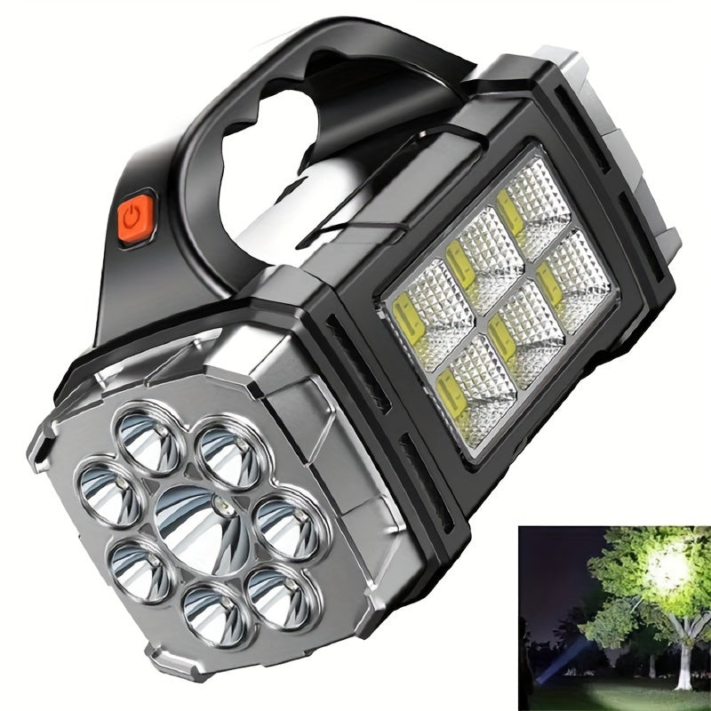 Portable, dual rechargeable, ultra-bright LED searchlight for outdoor adventures.