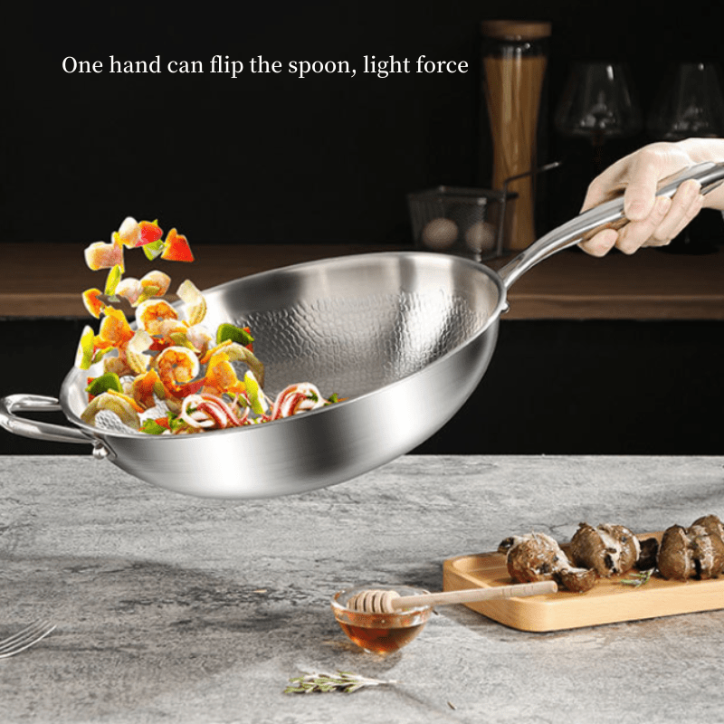 Titanium-coated Multi-Ply Steel Wok with Hammered Surface, Compatible with Induction and Gas Stoves, Scratch-Resistant, Lightweight Design, Versatile Cookware for All Uses.