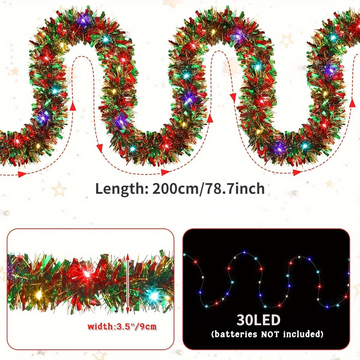 30LED Dingion Christmas Tinsel Garland with Lights for Xmas Party Indoor.