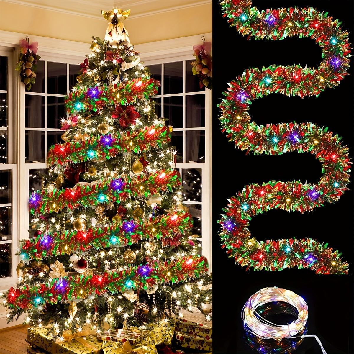 30LED Dingion Christmas Tinsel Garland with Lights for Xmas Party Indoor.