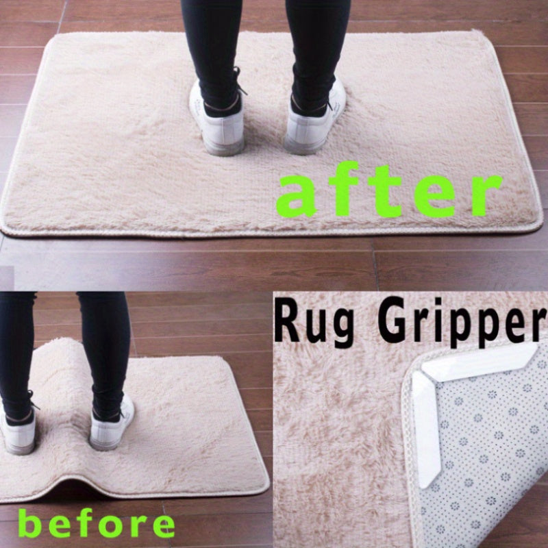 Set of 8 Reusable Rug Gripper Tape & Pads - Silicone Non-Slip Holders for Indoor Use, Ideal for Entryway and Porch, Securing Mats, Carpets and Tablecloths