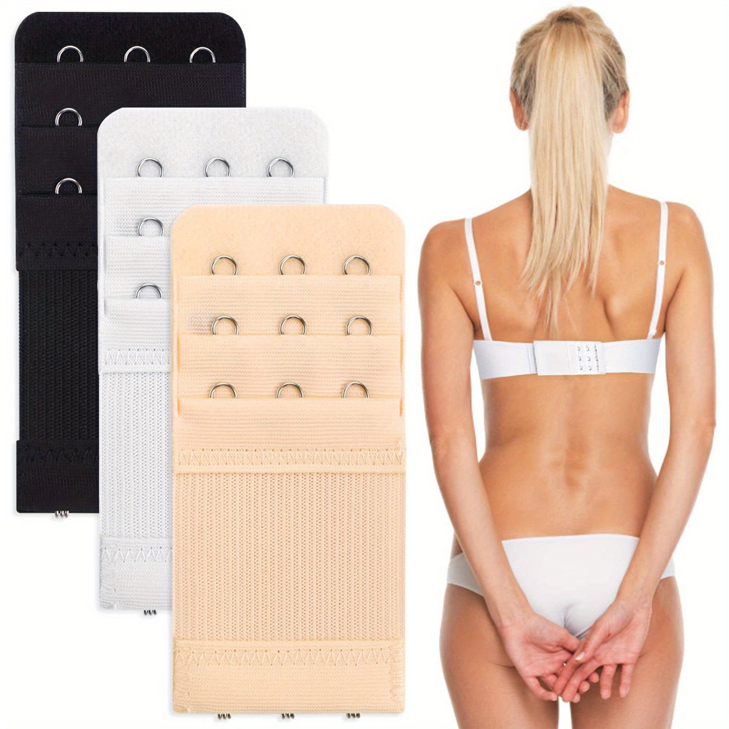 Woven polyester bra accessories in a 3-pack with hook-and-eye closure for adjustable back comfort.