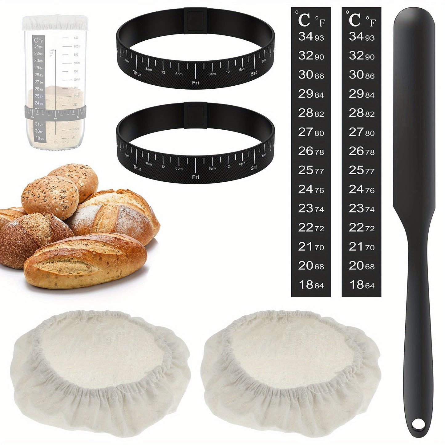 Get started on your sourdough journey with the Kitchen Craft Complete 7 piece Sourdough Starter Kit. This kit includes cloth covers, temperature and date marked feeding bands, and a silicone scraper, making it perfect for beginners. It is designed to fit