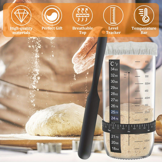 Get started on your sourdough journey with the Kitchen Craft Complete 7 piece Sourdough Starter Kit. This kit includes cloth covers, temperature and date marked feeding bands, and a silicone scraper, making it perfect for beginners. It is designed to fit