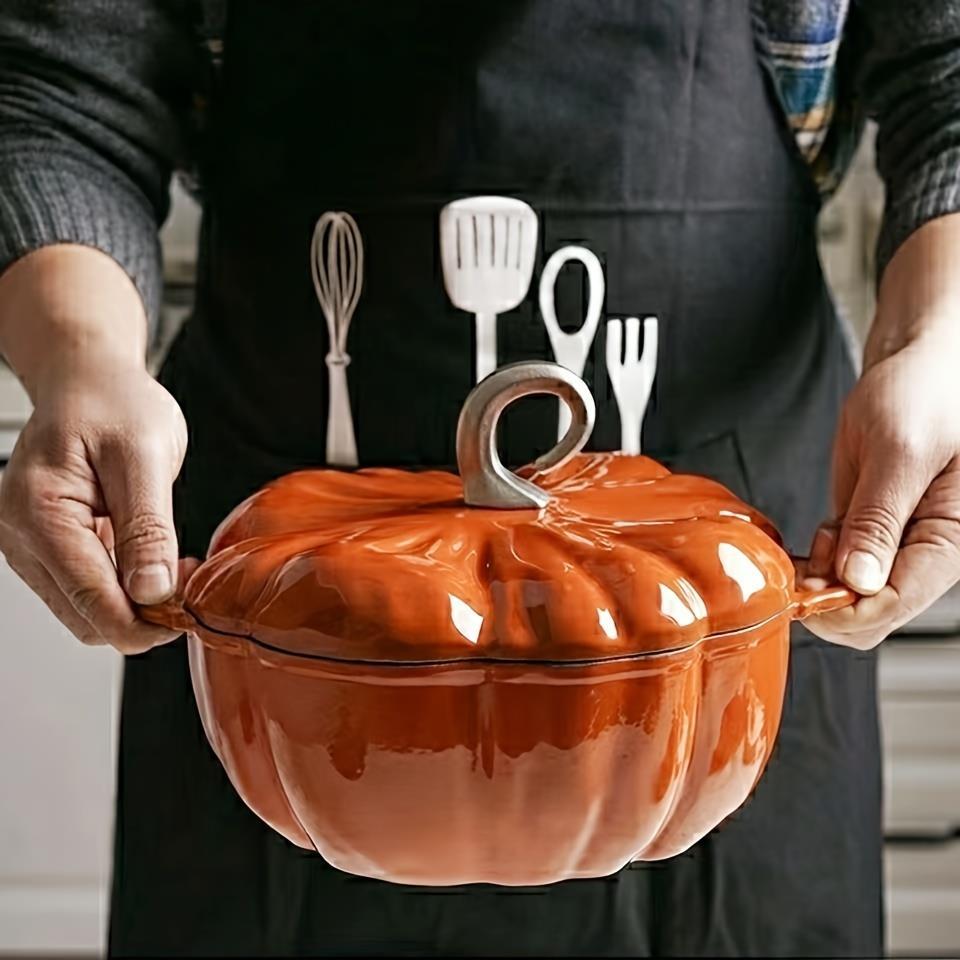 Durable Cast Iron Pumpkin Dutch Oven with Lid - Stylish Enamel Coating, Ideal for Cooking Stews & Soups, Works with Induction Cooktops