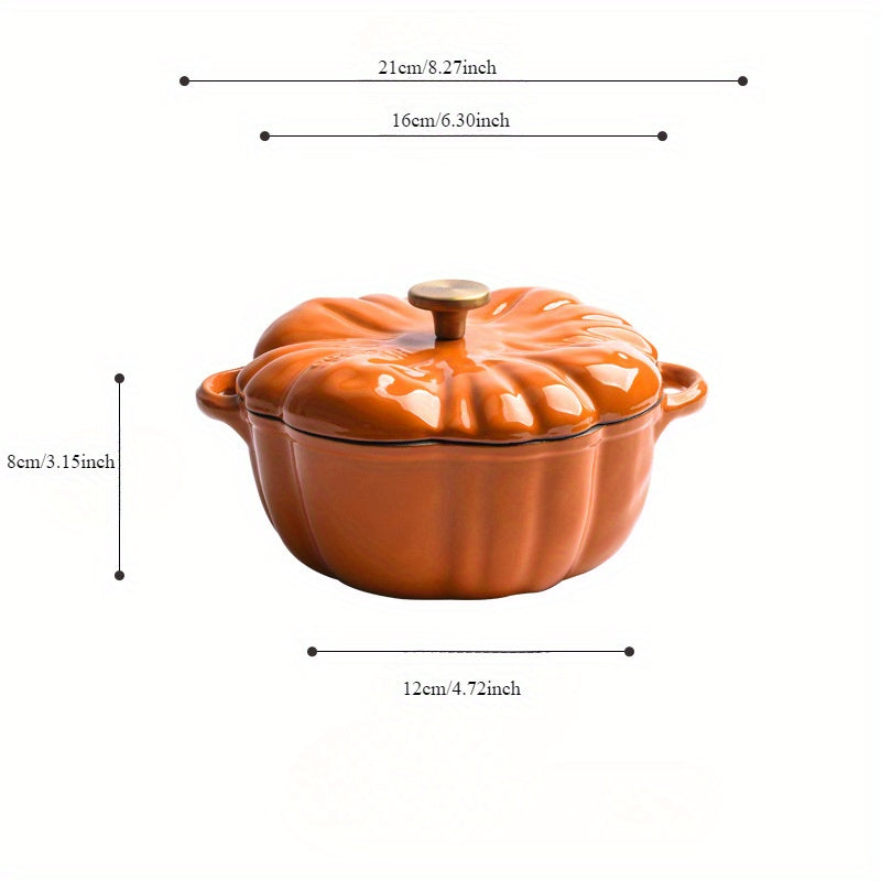 Durable Cast Iron Pumpkin Dutch Oven with Lid - Stylish Enamel Coating, Ideal for Cooking Stews & Soups, Works with Induction Cooktops