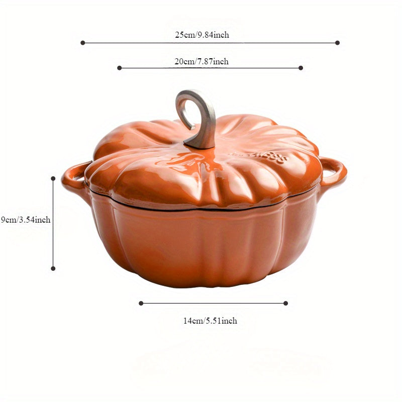 Durable Cast Iron Pumpkin Dutch Oven with Lid - Stylish Enamel Coating, Ideal for Cooking Stews & Soups, Works with Induction Cooktops