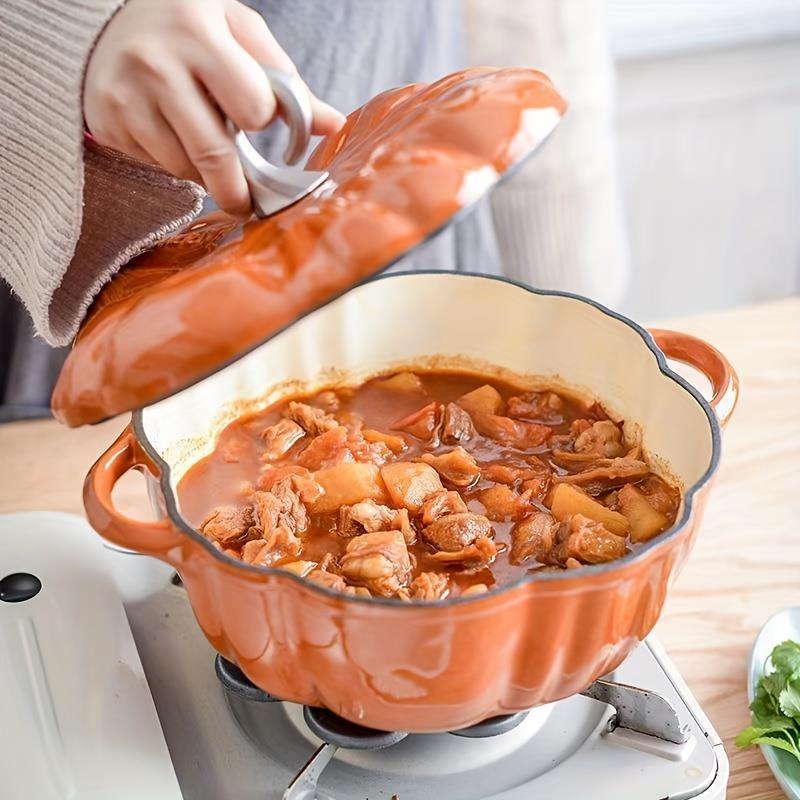 Durable Cast Iron Pumpkin Dutch Oven with Lid - Stylish Enamel Coating, Ideal for Cooking Stews & Soups, Works with Induction Cooktops