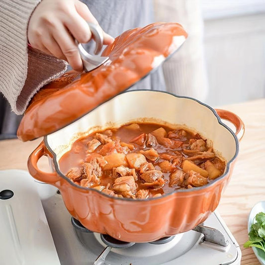 Durable Cast Iron Pumpkin Dutch Oven with Lid - Stylish Enamel Coating, Ideal for Cooking Stews & Soups, Works with Induction Cooktops