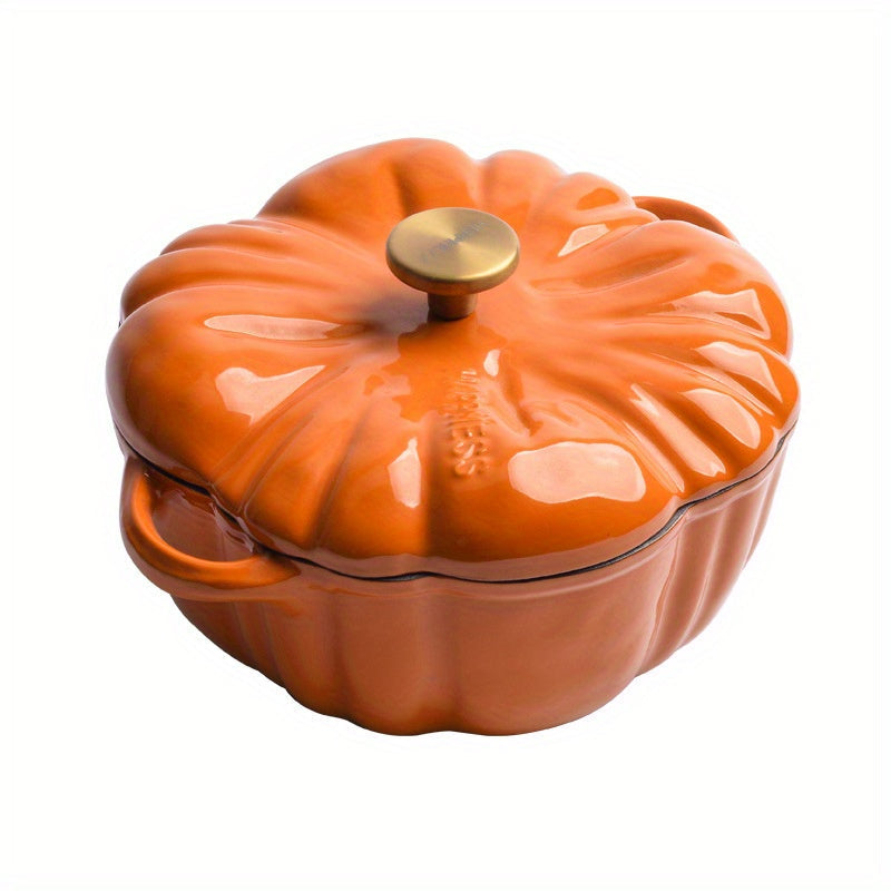 Durable Cast Iron Pumpkin Dutch Oven with Lid - Stylish Enamel Coating, Ideal for Cooking Stews & Soups, Works with Induction Cooktops