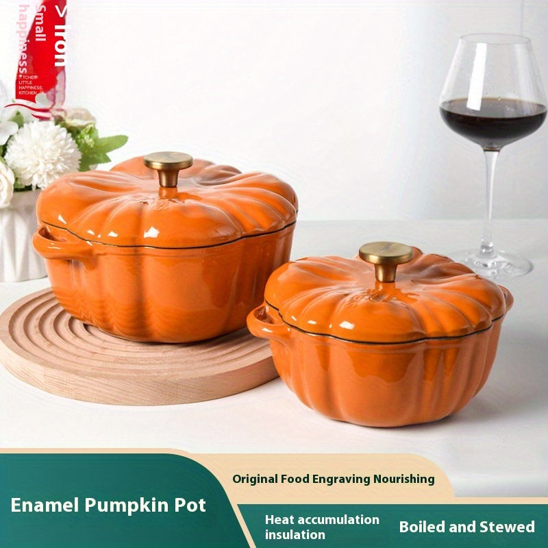 Durable Cast Iron Pumpkin Dutch Oven with Lid - Stylish Enamel Coating, Ideal for Cooking Stews & Soups, Works with Induction Cooktops