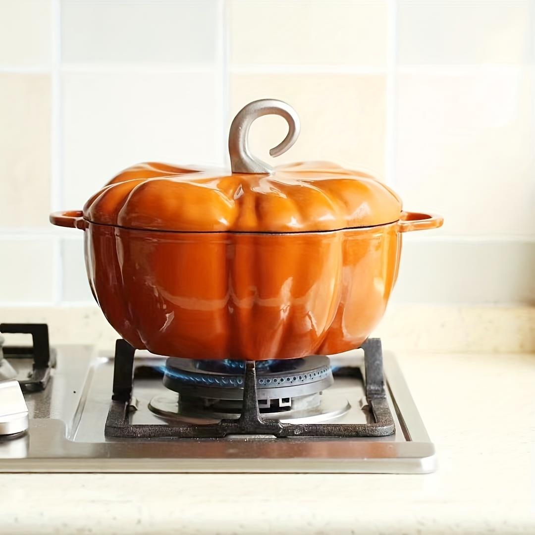 Durable Cast Iron Pumpkin Dutch Oven with Lid - Stylish Enamel Coating, Ideal for Cooking Stews & Soups, Works with Induction Cooktops