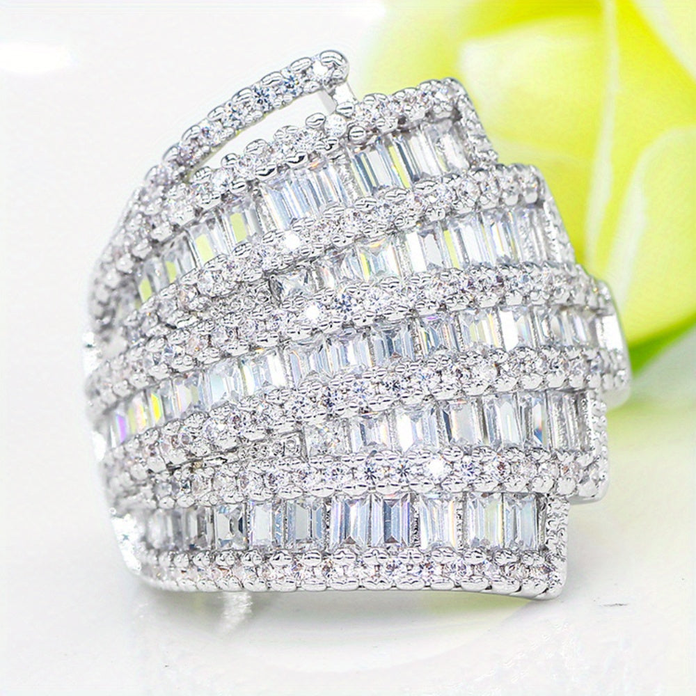 Elegant Wide Ring with Intricate Geometric Design and Sparkling White Cubic Zirconia, perfect for special occasions like weddings, engagements, or as a romantic gift for Valentine's Day. Pamper your loved one with this luxurious piece of banquet jewelry.