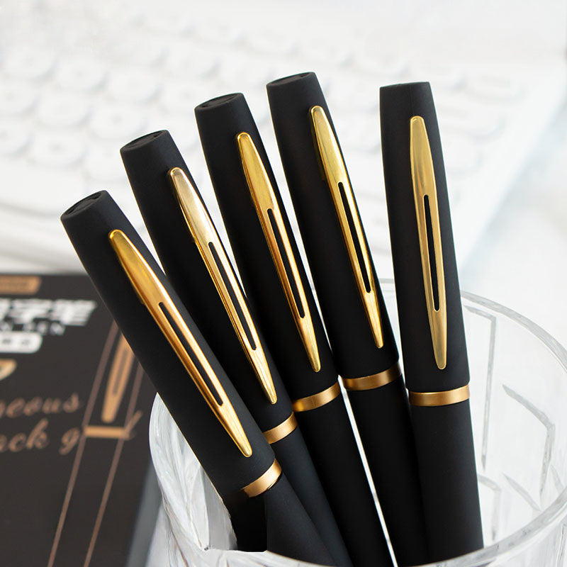 5 sleek black and golden gel pens: 0.5mm/0.7mm/1.0mm, large capacity, great for office.